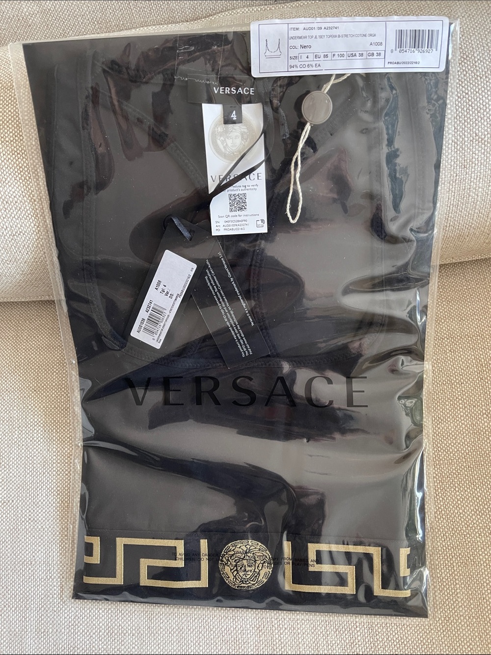 NEW Versace Cotton Greek key Logo Band Sports Bra Sz 4 - Picture 2 of 12